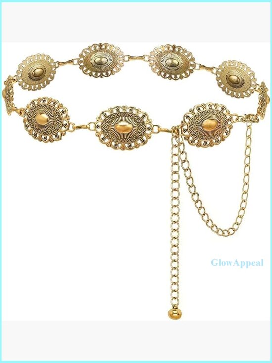Accessories - Adjustable Western Concho Chain Belt Metal Alloy Vintage Boho Style